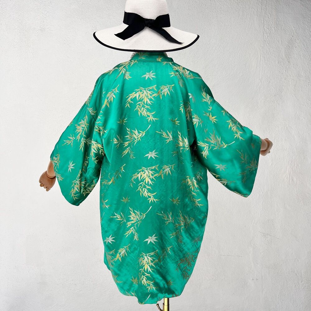 Vintage Japanese Resort Wear Jade Green & Gold Bamboo Brocade Open Kimono Jacket